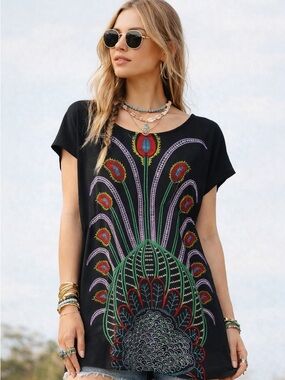 Funky People Abstract Floral Print Tunic Top Boho Artsy Festival Chic Size S